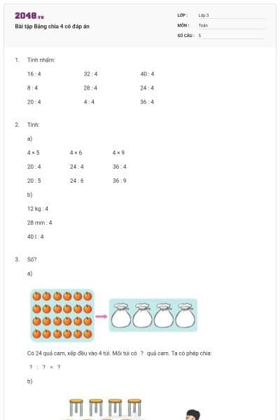 Bài tập Bảng chia 4 có đáp án