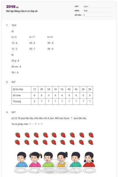 Bài tập Bảng chia 6 có đáp án