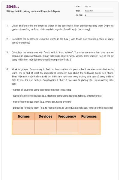 Bài tập Unit 8 Looking back and Project có đáp án