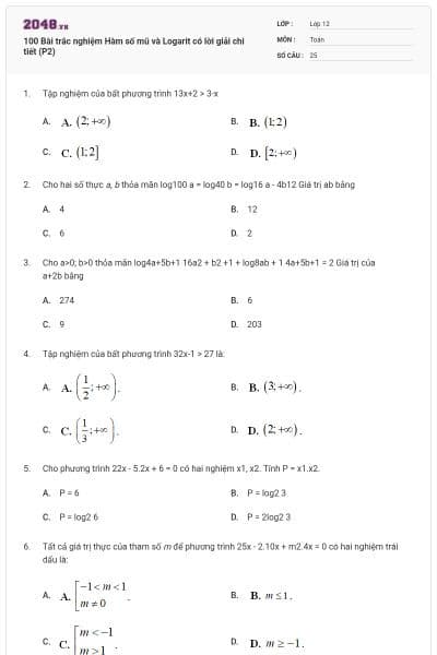 100 Bài trắc nghiệm Hàm số mũ và Logarit có lời giải chi tiết (P2)