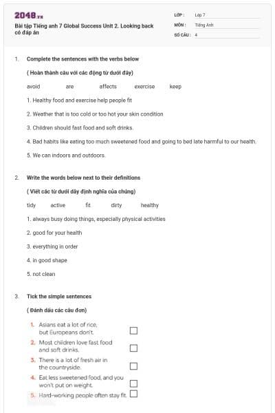 Bài tập Tiếng anh 7 Global Success Unit 2. Looking back có đáp án