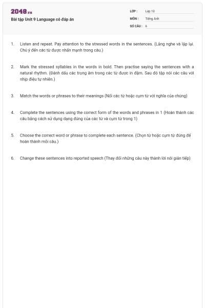 Bài tập Unit 9 Language có đáp án