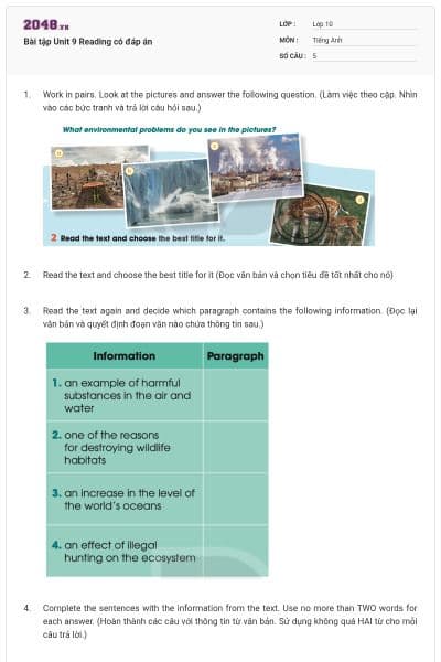 Bài tập Unit 9 Reading có đáp án