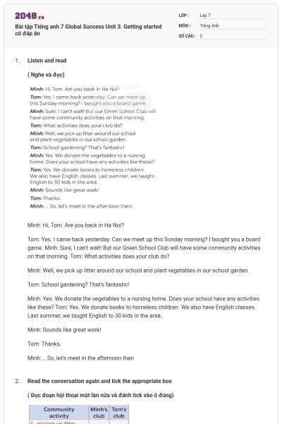 Bài tập Tiếng anh 7 Global Success Unit 3. Getting started có đáp án