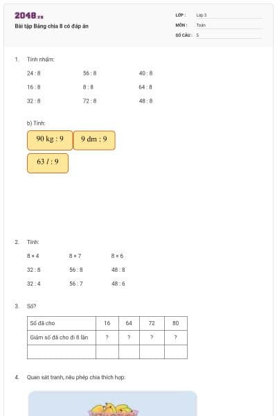 Bài tập Bảng chia 8 có đáp án