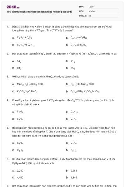 100 câu trắc nghiệm Hidrocacbon không no nâng cao (P1)