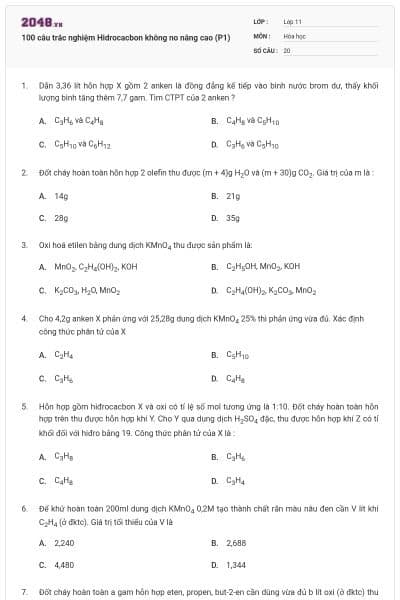 100 câu trắc nghiệm Hidrocacbon không no nâng cao (P1)