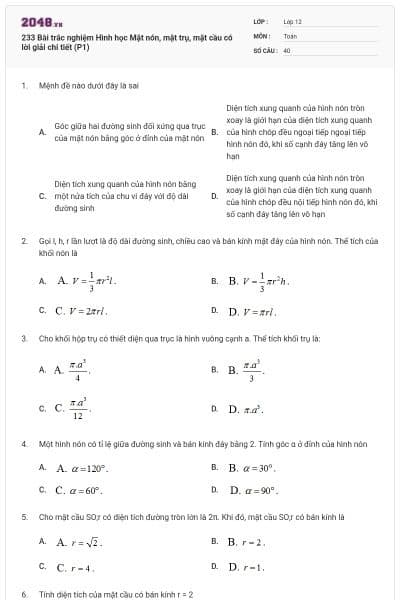 233 Bài trắc nghiệm Hình học Mặt nón, mặt trụ, mặt cầu có lời giải chi tiết (P1)