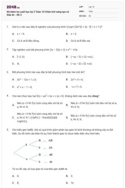 Đề kiểm tra cuối học kỳ 2 Toán 10 Chân trời sáng tạo có đáp án - Đề 2