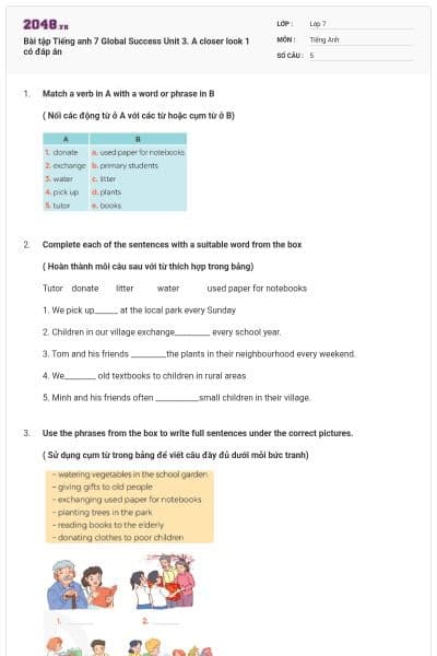 Bài tập Tiếng anh 7 Global Success Unit 3. A closer look 1 có đáp án