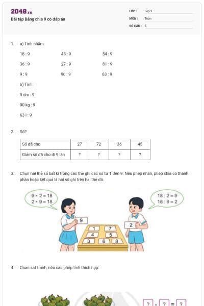 Bài tập Bảng chia 9 có đáp án