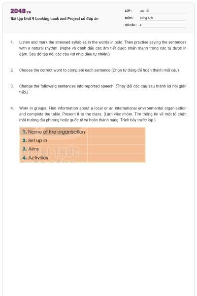 Bài tập Unit 9 Looking back and Project có đáp án