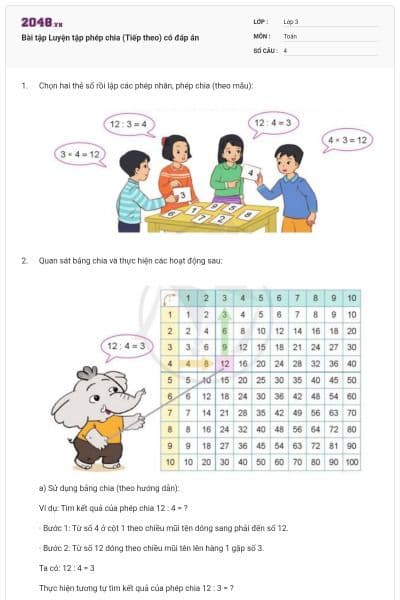 Bài tập Luyện tập phép chia (Tiếp theo) có đáp án