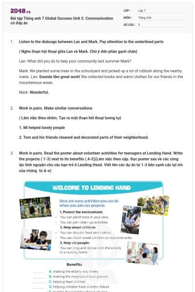 Bài tập Tiếng anh 7 Global Success Unit 3. Communication có đáp án