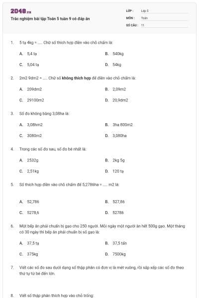 Trắc nghiệm bài tập Toán 5 tuần 9 có đáp án