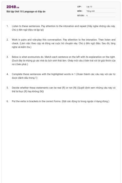 Bài tập Unit 10 Language có đáp án