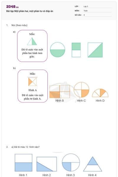 Bài tập Một phần hai, một phần tư có đáp án