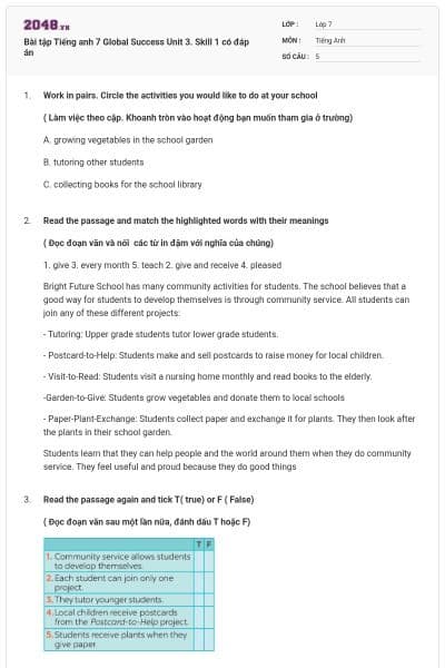 Bài tập Tiếng anh 7 Global Success Unit 3. Skill 1 có đáp án