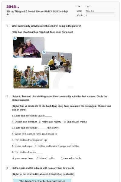 Bài tập Tiếng anh 7 Global Success Unit 3. Skill 2 có đáp án