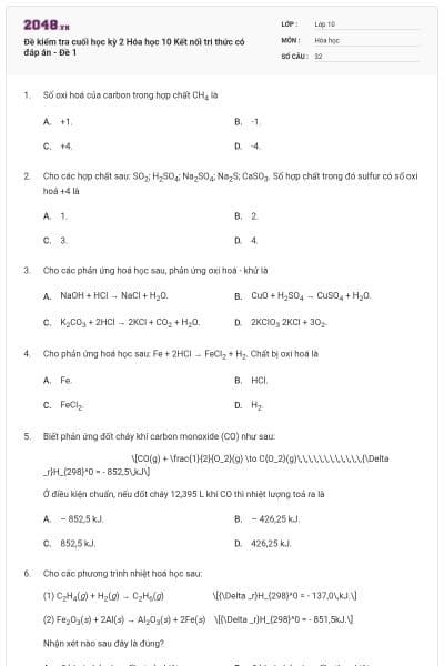 Đề kiểm tra cuối học kỳ 2 Hóa học 10 Kết nối tri thức có đáp án - Đề 1