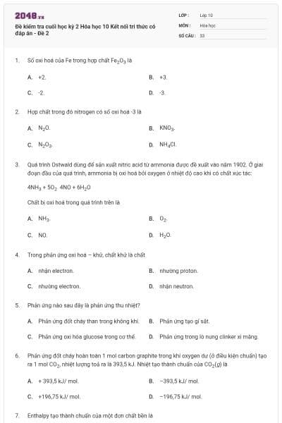 Đề kiểm tra cuối học kỳ 2 Hóa học 10 Kết nối tri thức có đáp án - Đề 2
