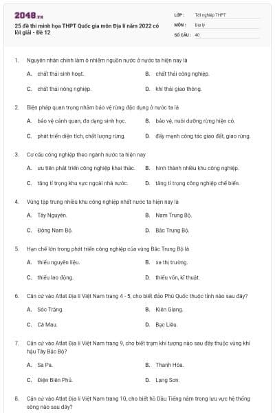 25 đề thi minh họa THPT Quốc gia môn Địa lí năm 2022 có lời giải - Đề 12