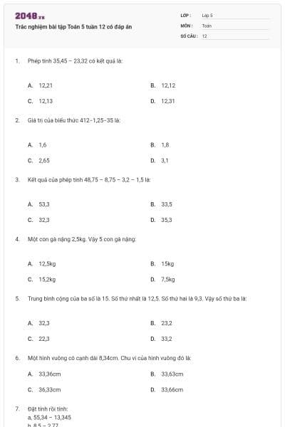 Trắc nghiệm bài tập Toán 5 tuần 12 có đáp án