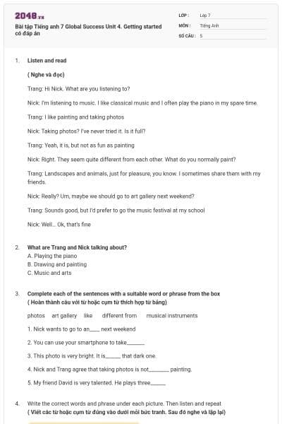 Bài tập Tiếng anh 7 Global Success Unit 4. Getting started có đáp án