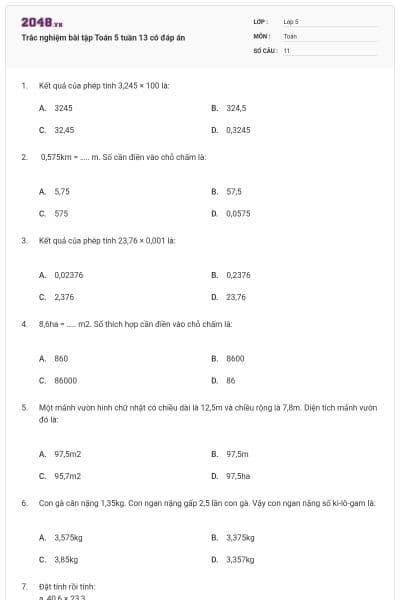 Trắc nghiệm bài tập Toán 5 tuần 13 có đáp án