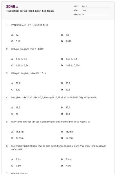 Trắc nghiệm bài tập Toán 5 tuần 14 có đáp án