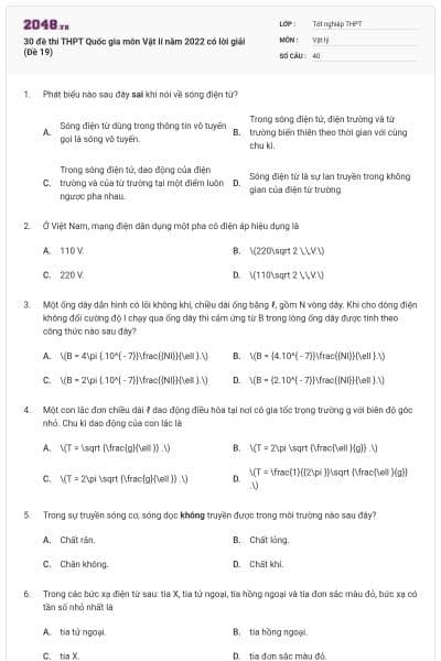 30 đề thi THPT Quốc gia môn Vật lí năm 2022 có lời giải (Đề 19)