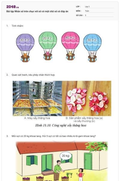 Bài tập Nhân số tròn chục với số có một chữ số có đáp án