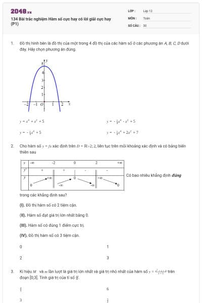 134 Bài trắc nghiệm Hàm số cực hay có lời giải cực hay (P1)