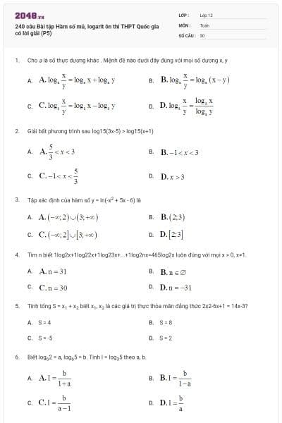 240 câu Bài tập Hàm số mũ, logarit ôn thi THPT Quốc gia có lời giải (P5)