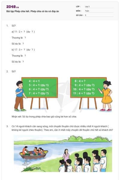 Bài tập Phép chia hết. Phép chia có dư có đáp án