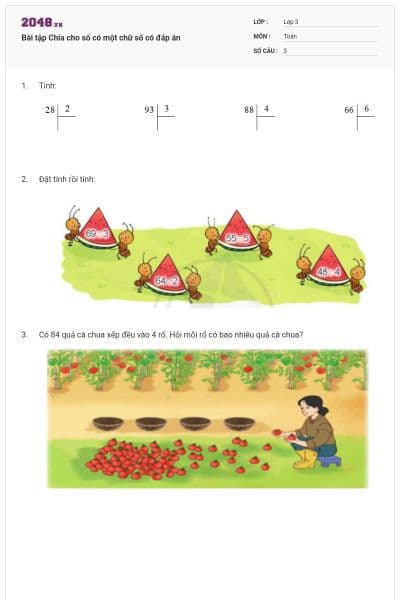 Bài tập Chia cho số có một chữ số có đáp án