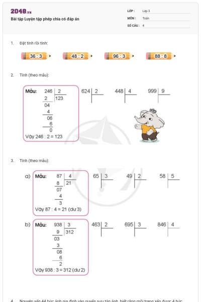 Bài tập Luyện tập phép chia có đáp án