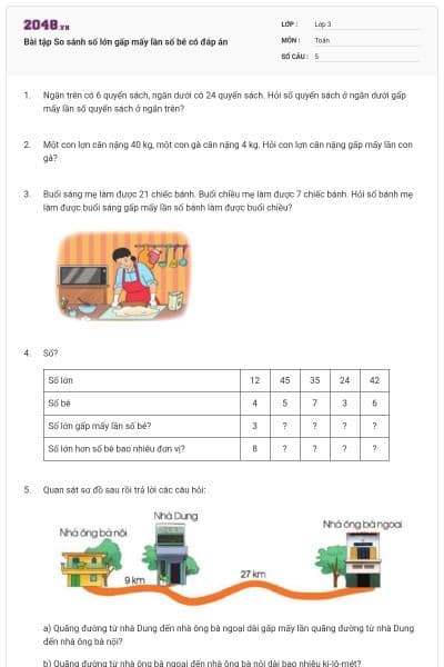 Bài tập So sánh số lớn gấp mấy lần số bé có đáp án