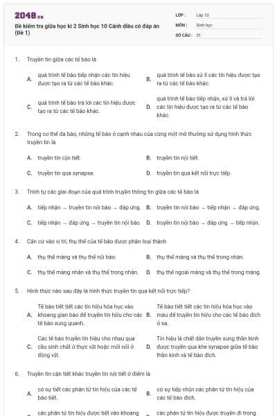 Đề kiểm tra giữa học kì 2 Sinh học 10 Cánh diều có đáp án (Đề 1)