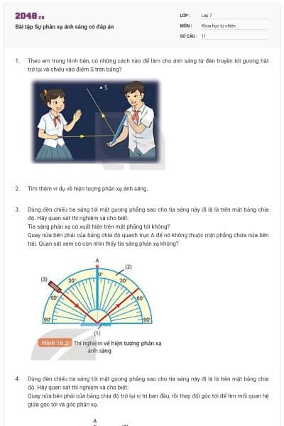 Bài tập Sự phản xạ ánh sáng có đáp án