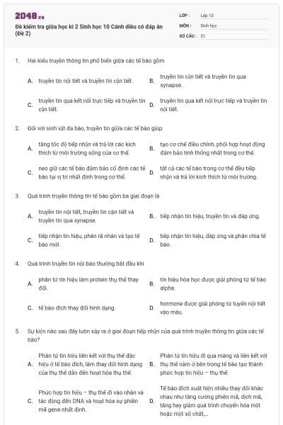Đề kiểm tra giữa học kì 2 Sinh học 10 Cánh diều có đáp án (Đề 2)