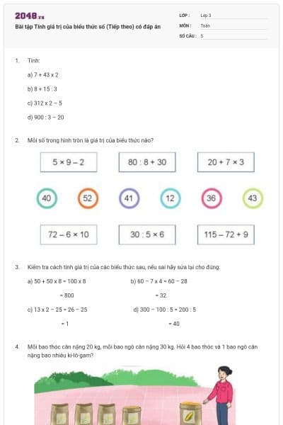 Bài tập Tính giá trị của biểu thức số (Tiếp theo) có đáp án