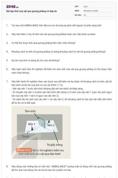 Bài tập Ảnh của vật qua gương phẳng có đáp án