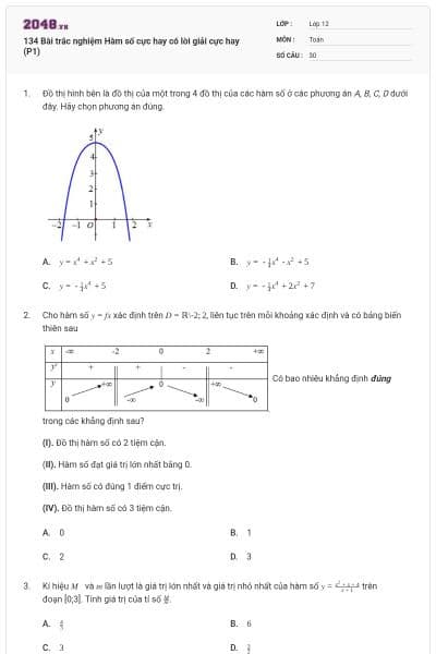 134 Bài trắc nghiệm Hàm số cực hay có lời giải cực hay (P1)