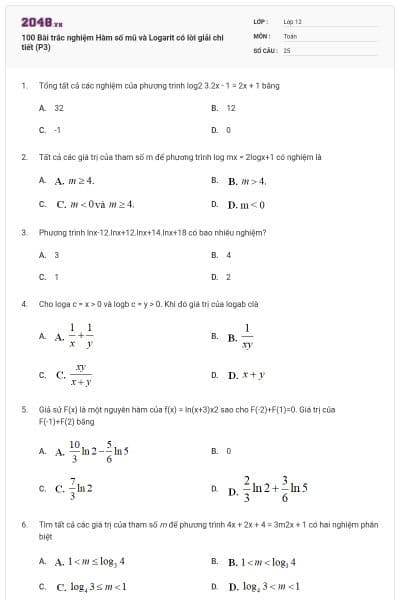 100 Bài trắc nghiệm Hàm số mũ và Logarit có lời giải chi tiết (P3)