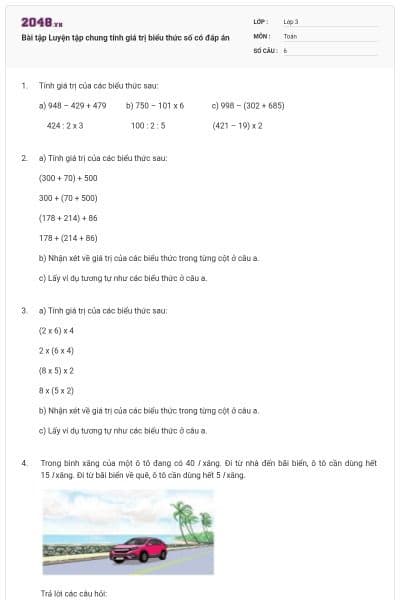 Bài tập Luyện tập chung tính giá trị biểu thức số có đáp án