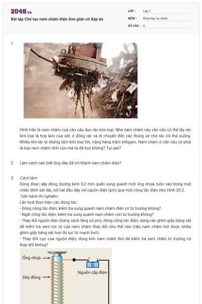 Bài tập Chế tạo nam châm điện đơn giản có đáp án