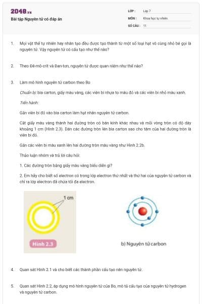 Bài tập Nguyên tử có đáp án