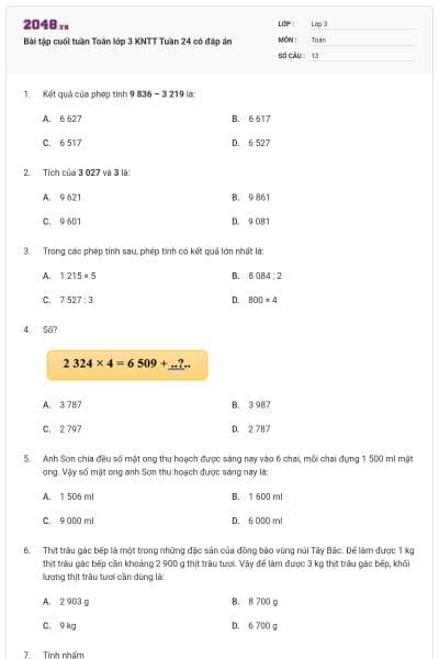 Bài tập cuối tuần Toán lớp 3 KNTT Tuần 24 có đáp án