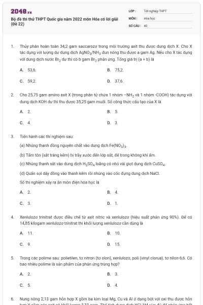 Bộ đề thi thử THPT Quốc gia năm 2022 môn Hóa có lời giải (Đề 22)